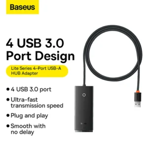 Baseus Lite Series 4-Port USB-A HUB Adapter USB-A to USB 3.0*4 -25cm Length Black