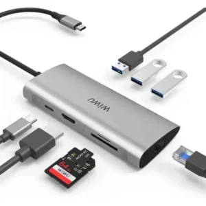 WiWU Alpha Type C Hub, 8 In 1 Adapter With USB C To RJ45 HD MI 3USB Card Reader Multifunctional USB HUB