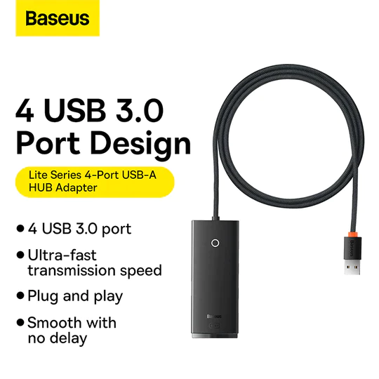 Baseus Lite Series 4-Port USB-A HUB Adapter USB-A to USB 3.0*4 -25cm Length Black