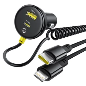 Baseus Circular Plastic Car Charger 60W USB+Type-C Adapter with Type-C+Lightning Spring Cable – Black