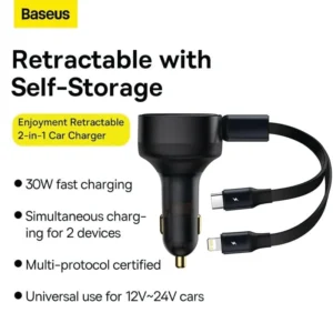 Baseus Enjoyment Retractable 2-in-1 Car Charger C+L 30W – Black