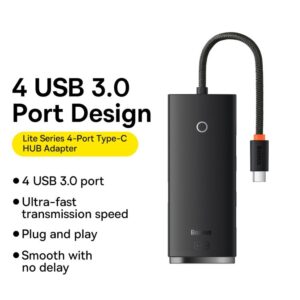 Baseus Lite Series 4-Port Type-C Hub Adapter Type-C to USB3.0*4 – 25cm Cable Length Black
