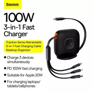 Baseus Traction Series Retractable 3 in 1 Fast Charging Cable Desktop Organizer Type-C to M+L+C 100W 1.7m