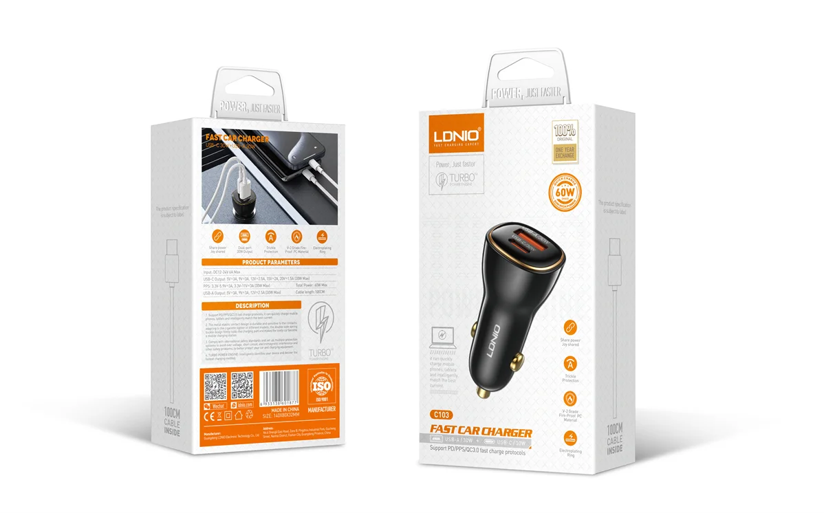 Ldnio C103 60W PD QC Super Fast Car charger with USB-A & Type C Port