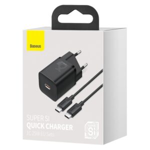 Baseus Super Si Quick Type C Adapter 25W?With Mini White Cable Type-C to Type-C 3A 1m Black?