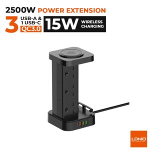 LDNIO SKW6457 2500W Tower Power Extension with 15W Wireless Charger
